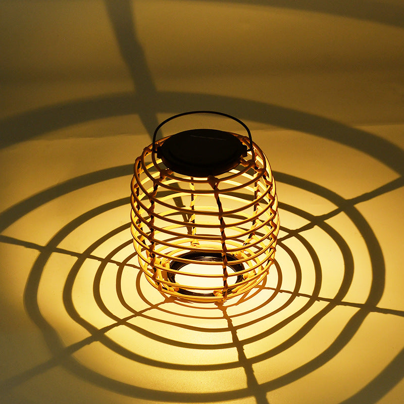 Solar Outdoor Rattan Weaving Cylinder Waterproof LED Garden Table Lamp