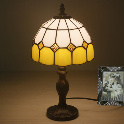 Vintage Tiffany Gemstone Stained Glass Round 1-Light Table Lamp