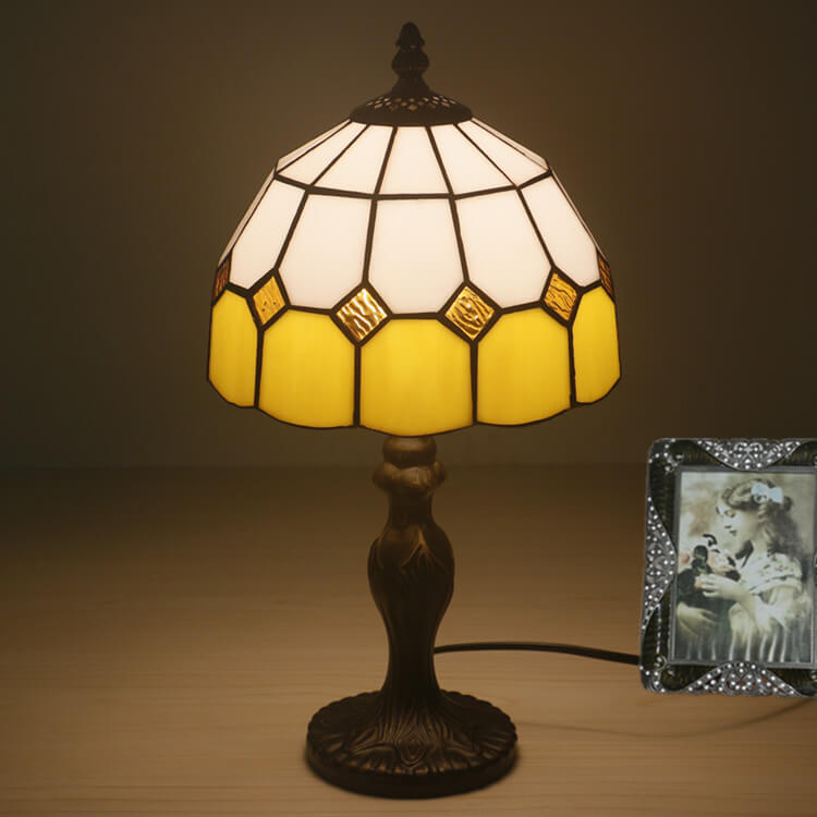 Vintage Tiffany Gemstone Stained Glass Round 1-Light Table Lamp