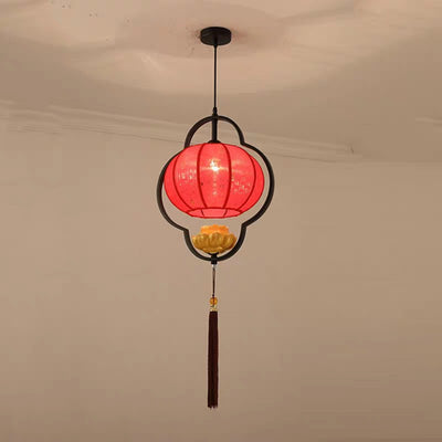 Moderne chinesische Laterne Stoff Eisen Zen 1-Licht Pendelleuchte 