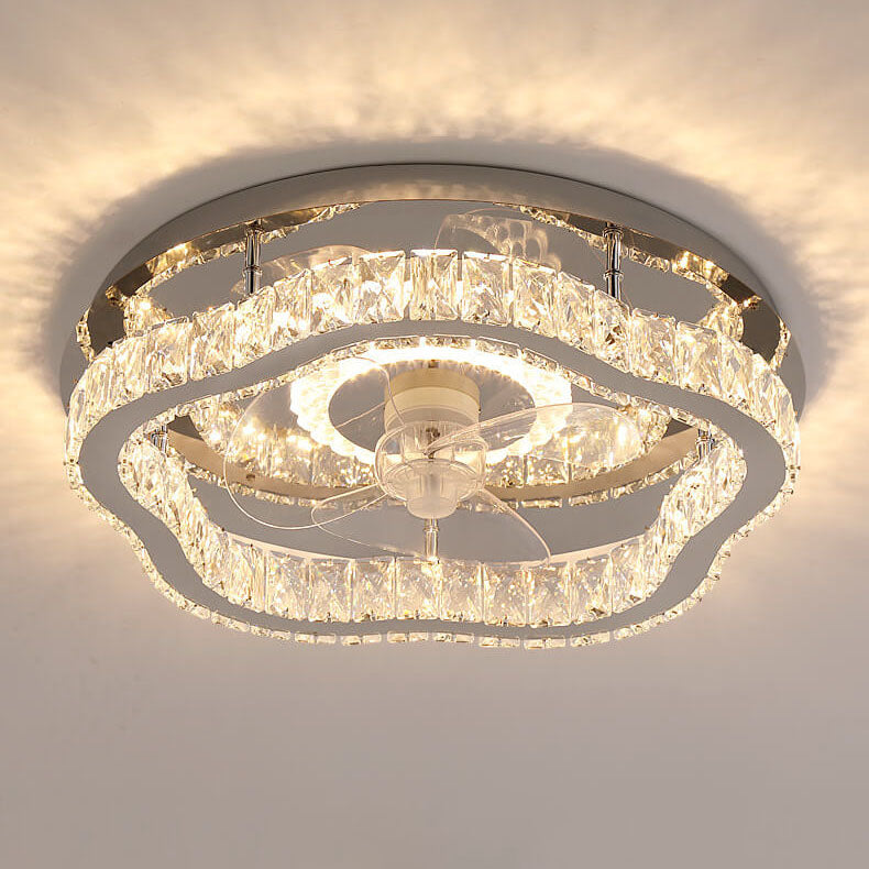 Modern Luxury Crystal Stainless Steel LED Flush Mount Ceiling Fan Light