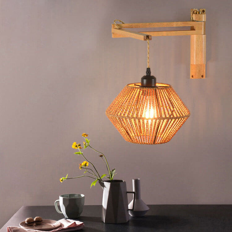 Traditionelle Vintage-Wandleuchte mit Seilgeflecht, Bambus, Massivholz und Laternenkäfig, 1-flammig, für das Wohnzimmer 