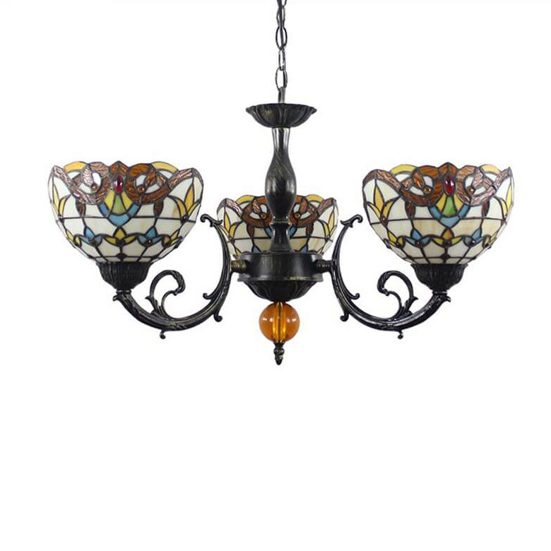 Vintage Tiffany Baroque Stained Glass 3-Light Chandelier