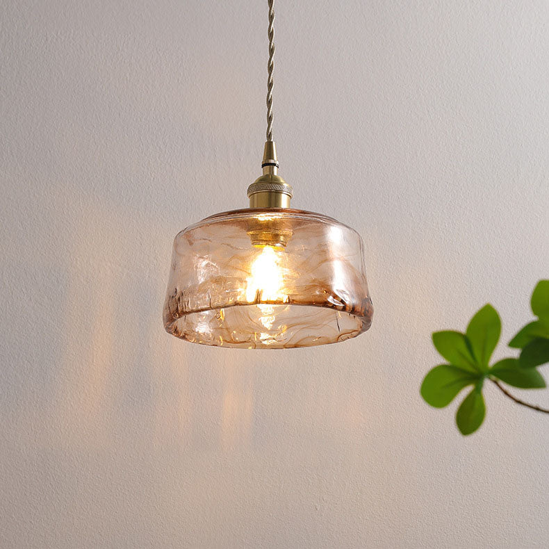 Vintage Amber Drum Round Glass Brass 1-Light Pendant Light