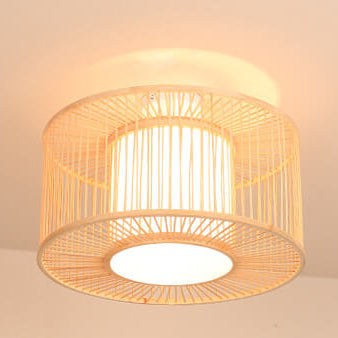 Vintage Bamboo Weaving Drum 1-Light Semi-Flush Mount Ceiling Light