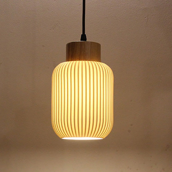 Lámpara colgante japonesa de 1 luz con tarro cilíndrico de cerámica blanca nórdica 