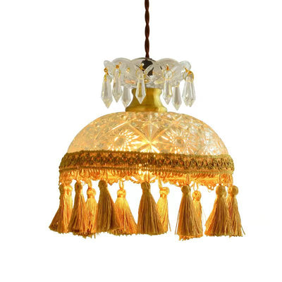 French Luxury Glass Copper Dome Tassel 1-Light Pendant Light