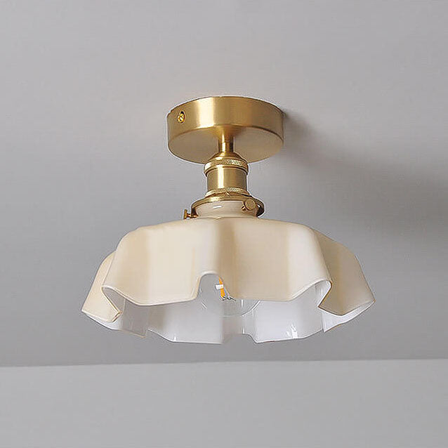 Japanese Vintage Cream Glass Floral Brass 1-Light Semi-Flush Mount Ceiling Light