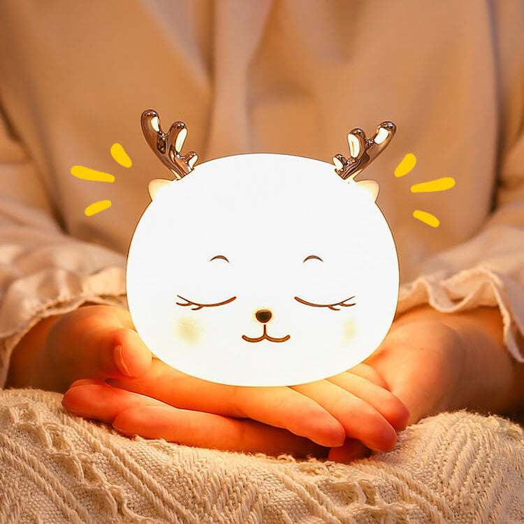Lampe de Table Veilleuse à LED Rechargeable en Silicone Dessin Animé Cerf Mignon à Sept Couleurs 