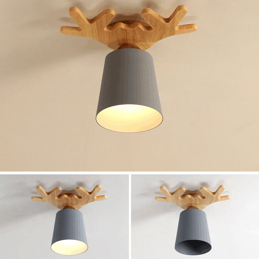 Contemporary Nordic Antler Wood Cone 1-Light Semi-Flush Mount Ceiling Light for Living Room