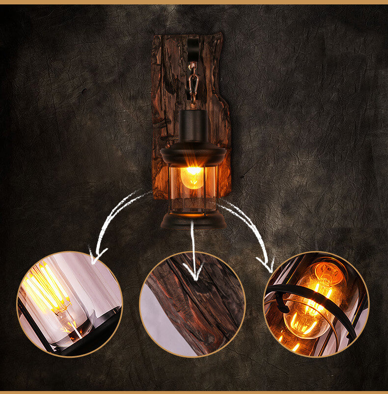 Glass Iron Wooden Base 1-Light Cylinder Sconce Lamp