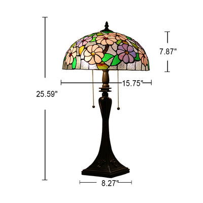 Tiffany-Tischlampe mit zweiflammiger Kuppel aus Buntglas mit Blumenmuster 