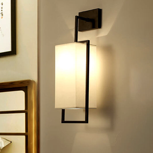 Traditional Chinese Square Fabric Iron Frame 1-Light Wall Sconce Lamp For Bedroom &amp; Living Room