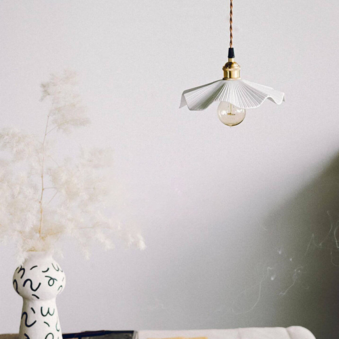 Traditional Vintage Ceramic Waves Scalloped Copper 1-Light Pendant Light For Living Room