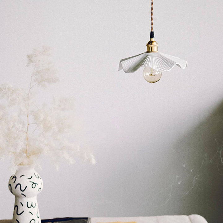Traditional Vintage Ceramic Waves Scalloped Copper 1-Light Pendant Light For Living Room