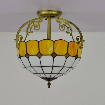 Tiffany European Mediterranean Yellow Glass Bowl 2-Light Semi-Flush Mount Ceiling Light