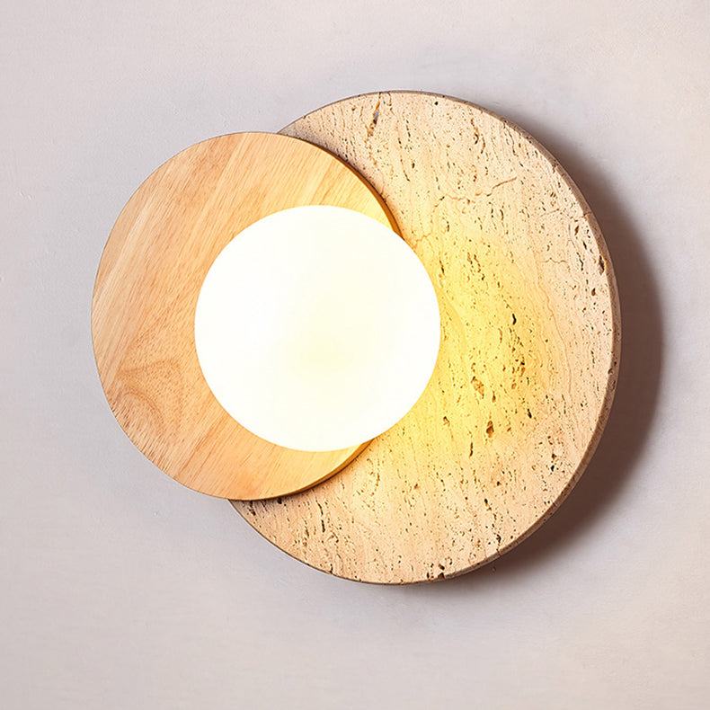 Traditional Japanese White Travertine Disc 1-Light Wall Sconce Lamp For Bedroom