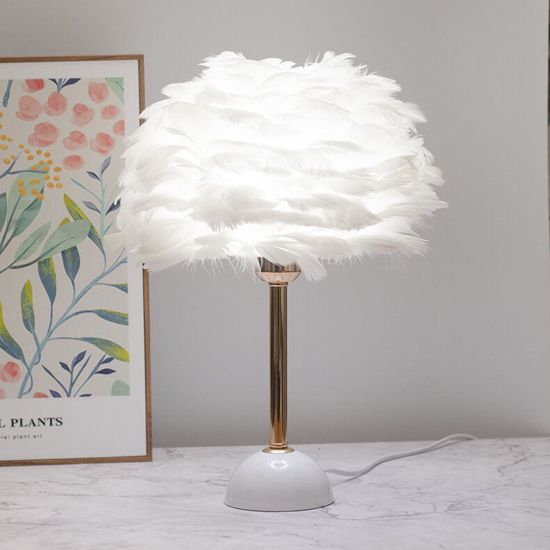 Modern Art Deco Feather Iron Round Shade Gold Pole 1-Light Table Lamp for Bedroom