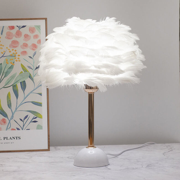 Modern Art Deco Feather Iron Round Shade Gold Pole 1-Light Table Lamp for Bedroom