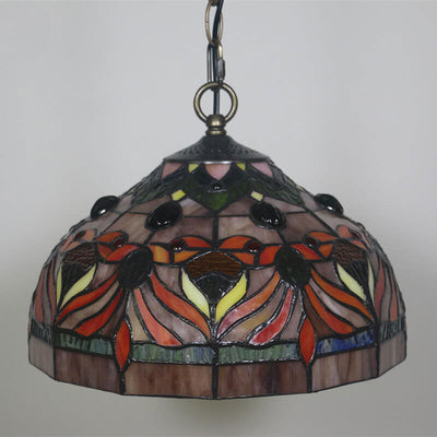 Vintage Tiffany Red Flower Stained Glass Dome 1-Light Pendant Light