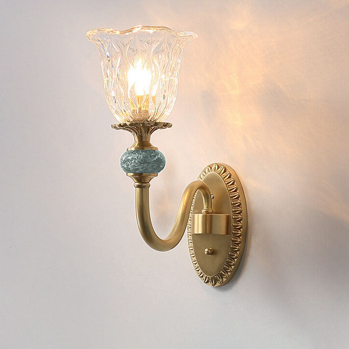 Lámpara Aplique de Pared de Lujo Europeo de Vidrio Floral de Latón con Brazo Curvado 1/2 Luz 
