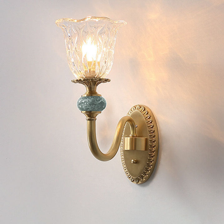 European Luxury Floral Glass Brass Curved Arm 1/2 Light Wall Sconce Lamp