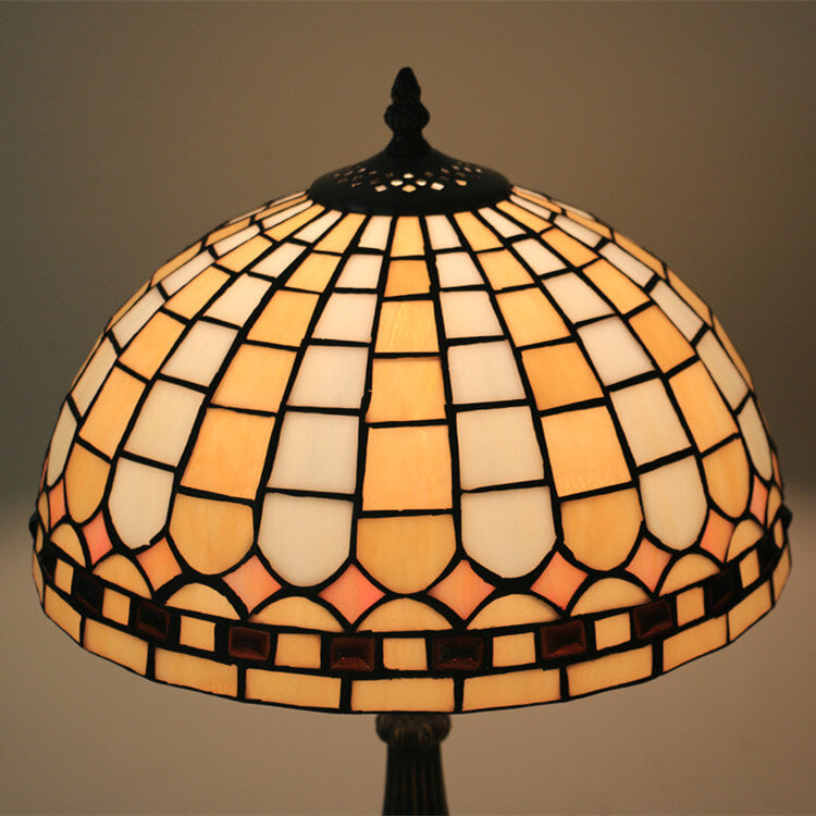 European Tiffany Yellow Plaid Stained Glass Dome 1-Light Table Lamp
