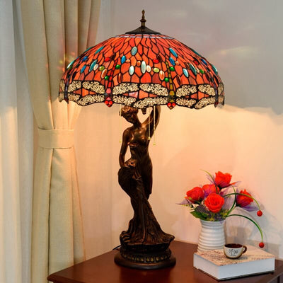 Tiffany Decorative Goddess Dragonfly Resin Stained Glass 3-Light Table Lamp