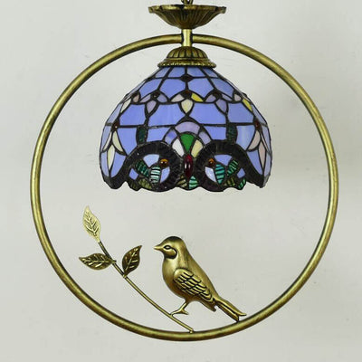 Tiffany Rustic Dome Stained Glass Ring Bird Design 1-Light Pendant Light