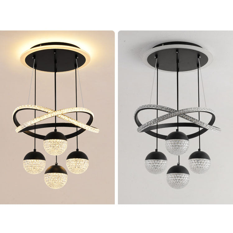 Moderner luxuriöser LED-Kronleuchter aus Acryl und Eisen mit Kugeln und geschwungener Form für das Wohnzimmer 
