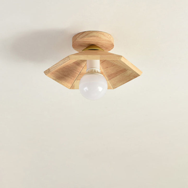Traditional Japanese Oak Geometric Cone 1-Light Semi Flush Mount Ceiling Light For Living Room