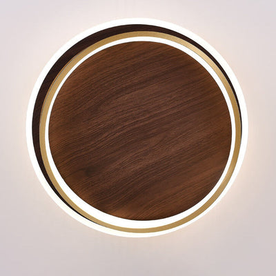 Nordic Minimalist Circular Walnut Grain LED Flush Mount Ceiling Light