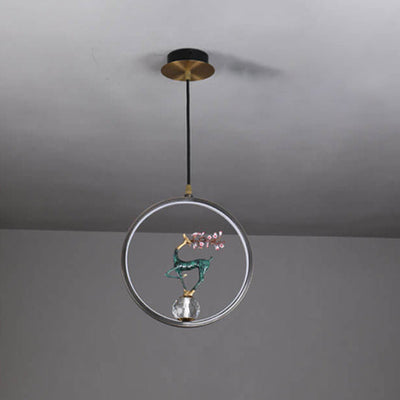 Lustre LED suspendu moderne chinois carré rond anneau prunier cerf 