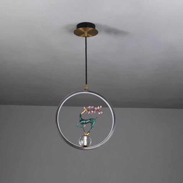 Lustre LED suspendu moderne chinois carré rond anneau prunier cerf 