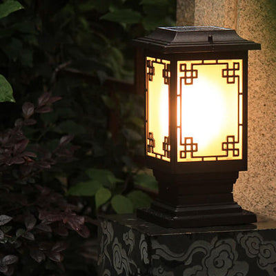 Solar Chinese Window Square Post Head 1-Light Waterproof Garden Landscape Light