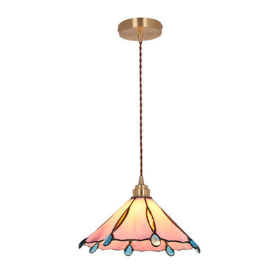 Vintage Tiffany Stained Glass Umbrella Shape 1-Light Pendant Light