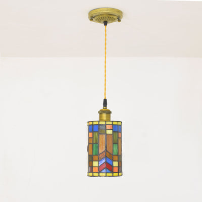 Tiffany Mediterranean Stained Glass Cylinder 1-Light Pendant Light