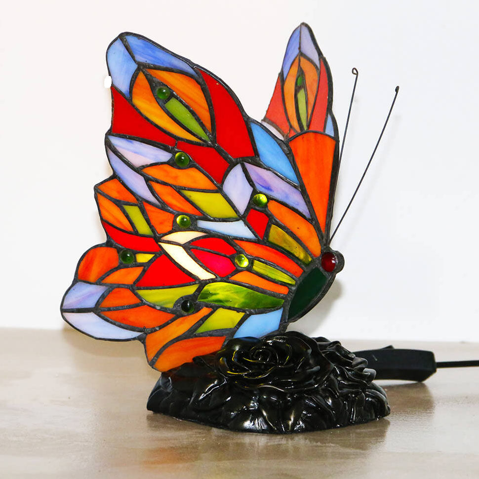 Traditionelle Tiffany-Glas-Harz-Schmetterlingsform Nachtlicht 1-flammige Tischlampe für Schlafzimmer &amp; Wohnzimmer 