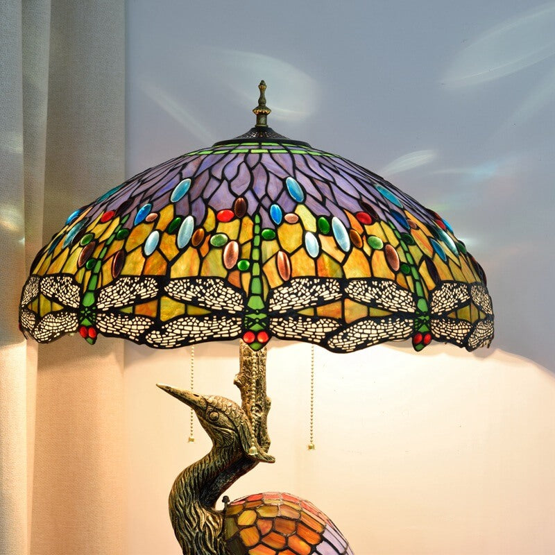 Tiffany Vintage Crane Umbrella Resin Stained Glass 3-Light Table Lamp