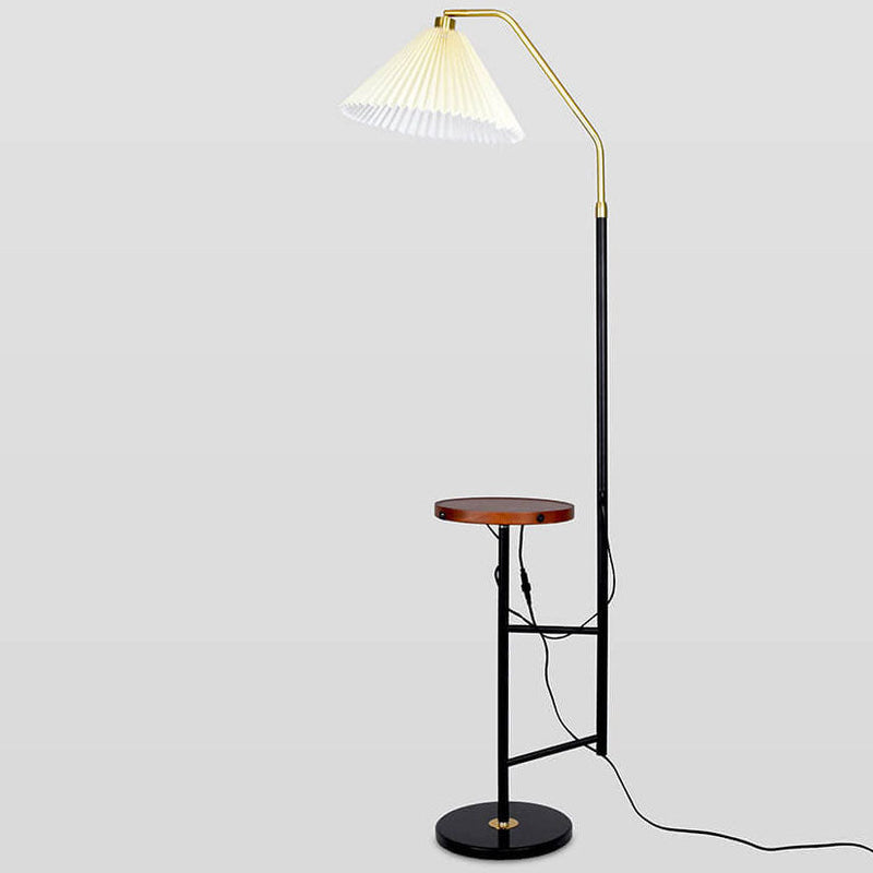 Nordic Minimalist Pleated Shade Marble Solid Wooden Shelf 1-Light Standing Floor Lamp