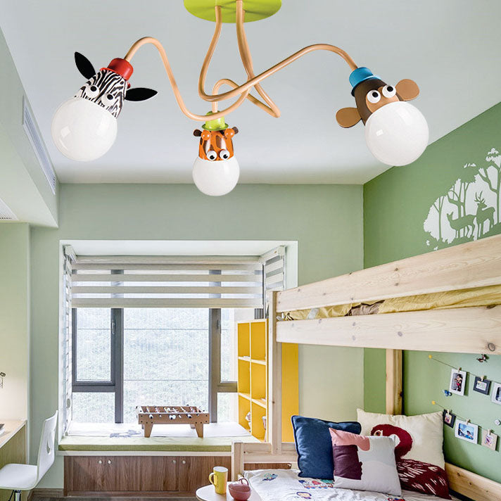 Contemporary Creative Acrylic Cartoon Animal Hardware Frame 3-Light Kids Flush Mount Ceiling Light For Bedroom