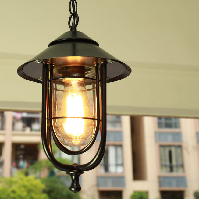 Zeitgenössische industrielle 1-flammige wasserdichte Außen-Pendelleuchte aus Aluminium und Glas im Käfigdesign für Wohnzimmer, Schlafzimmer &amp; Außenbereich 