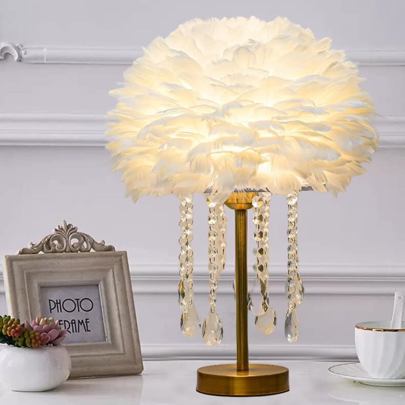 Modern Minimalist Feather Round Crystal Beads 1-Light Table Lamp For Bedroom