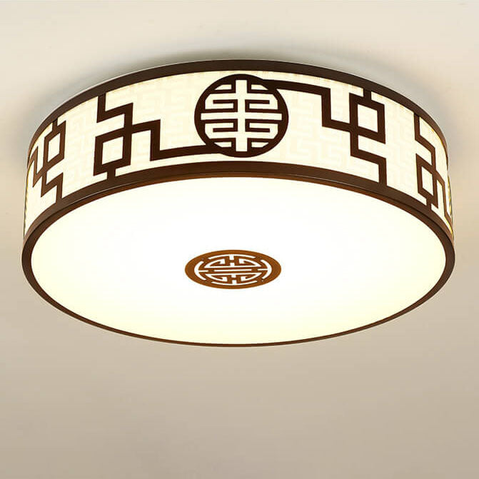 Traditional Chinese Round Fabric Drum LED Flush Mount Ceiling Light For Living Room