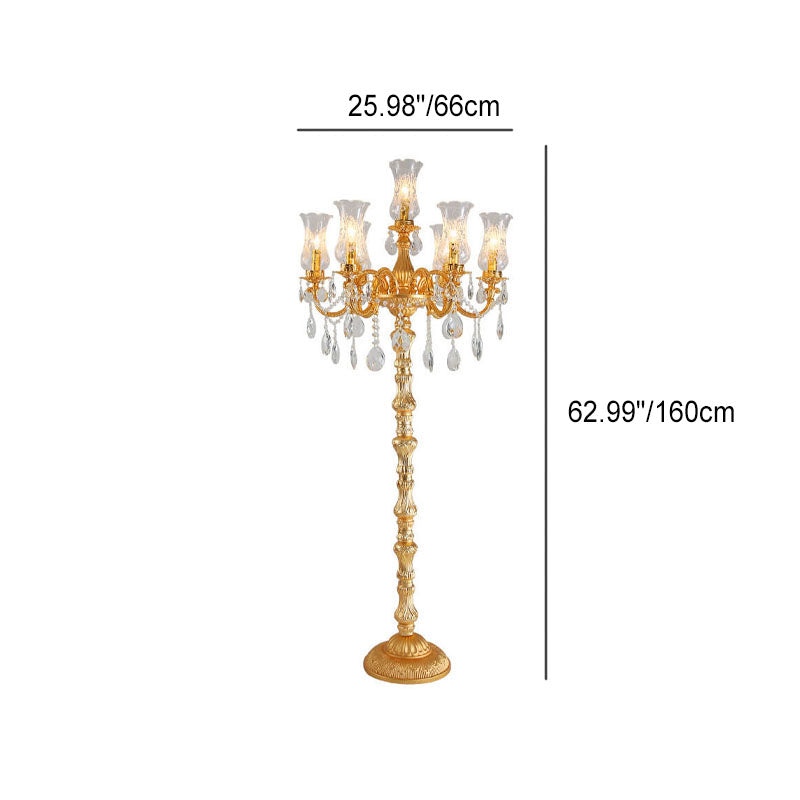 Traditional Luxury Golden Crystal Zinc Alloy Candle Holder 7-Light Standing Floor Lamp For Bedroom