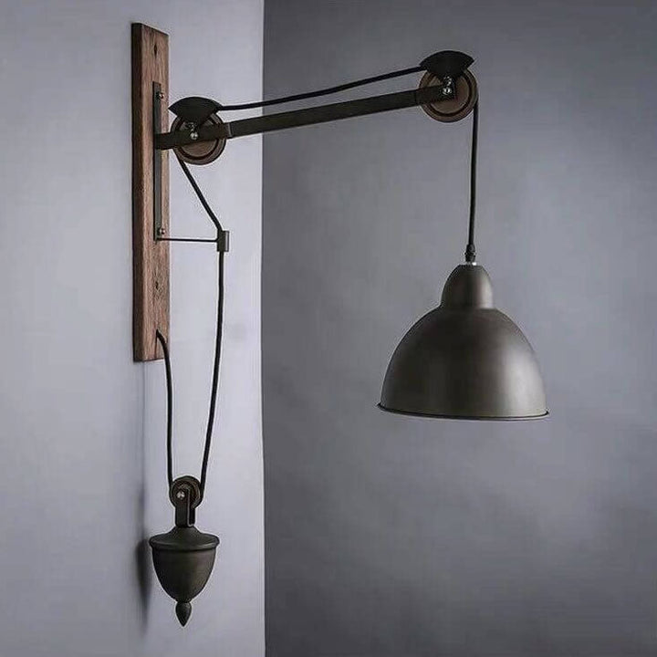Applique murale 1 lumière vintage industrielle en fer avec abat-jour conique et cordelette en bois massif 