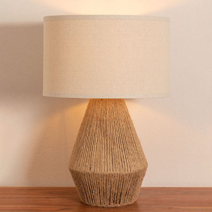 Traditionelle 1-flammige Tischlampe aus japanischem Hanfseilgeflecht und Stoff für das Schlafzimmer 