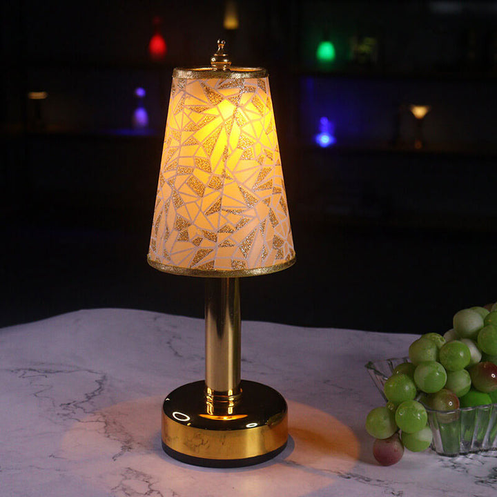 Lámpara de Mesa con Luz Nocturna LED Recargable de Metal Cónica con Tela Floral Vintage 
