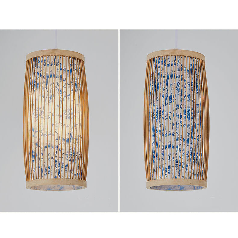 Modern Chinese Cylinder Waist Drum Bamboo Weaving 1-Light Pendant Light