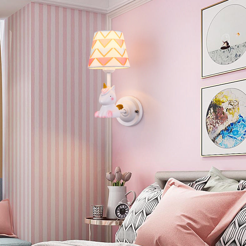 Contemporary Creative Cartoon Resin Unicorn Fabric Shade 1-Light Kids Wall Sconce Lamp For Bedroom